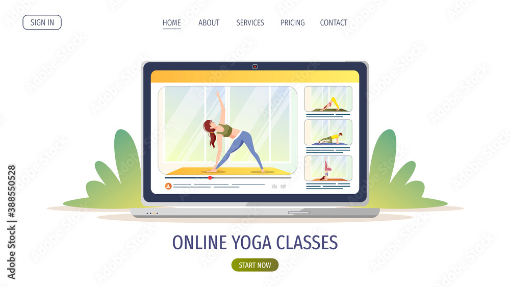 Laptop screen with videos of people doing yoga exercises on the mat. Online yoga classes, wellness, healthy lifestyle, sport, fitness concept. Vector illustration for poster, banner, website. Laptop screen with videos of people doing yoga exercises on the mat. Online yoga classes, wellness, healthy lifestyle, sport, fitness concept. Vector illustration for poster, banner, website.