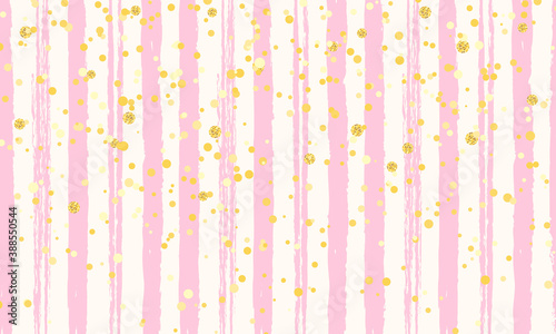 Watercolor Pink Striped Background. Golden dots. Stripes Pattern with hand painted brush strokes.
