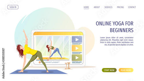 Tablet screen with video of woman doing yoga exercises on the mat. Online yoga classes, wellness, healthy lifestyle, sport, fitness concept. Vector illustration for poster, banner, website.