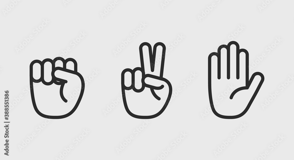 Fototapeta premium Rock, scissors, paper icons. Hand gestures icons set. Rock, scissors, paper icons isolated on white background. Vector illustration