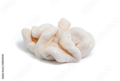 Part of pork small intestine or Chitterlings internal organs of pig isolated on white background with clipping path.