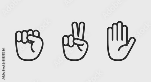 Rock, scissors, paper icons. Hand gestures icons set. Rock, scissors, paper icons isolated on white background. Vector illustration