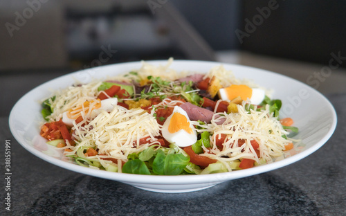 Gemischter Bio Salat Teller mit Tomaten, Eier, Schinken und Croutons, Produktbild, Low Carb Diät