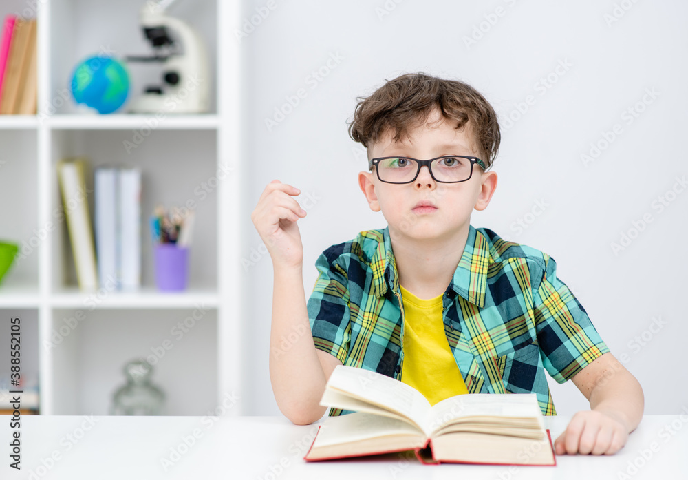 Clever young boy wearing eyeglasses reads a book at home Clever young boy wearing eyeglasses reads a book at home