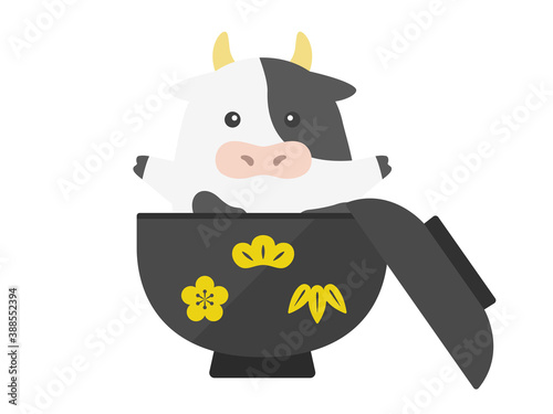 お椀に入った牛のキャラクターのイラスト