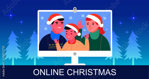 Online Christmas together via video conference on a computer to virtual discussion on Christmas holiday.