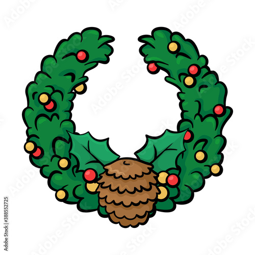 Christmas wreath in cartoon style. Hand drawn christmas wreath isolated on white.