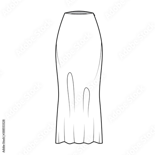 Skirt long bias cut technical fashion illustration with maxi lengths silhouette, semi-fitted fullness. Flat bottom template front, white color style. Women, men, unisex CAD mockup