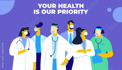 Banner with medical team in white face masks. COVID-19. Stay at home. Flat design characters.