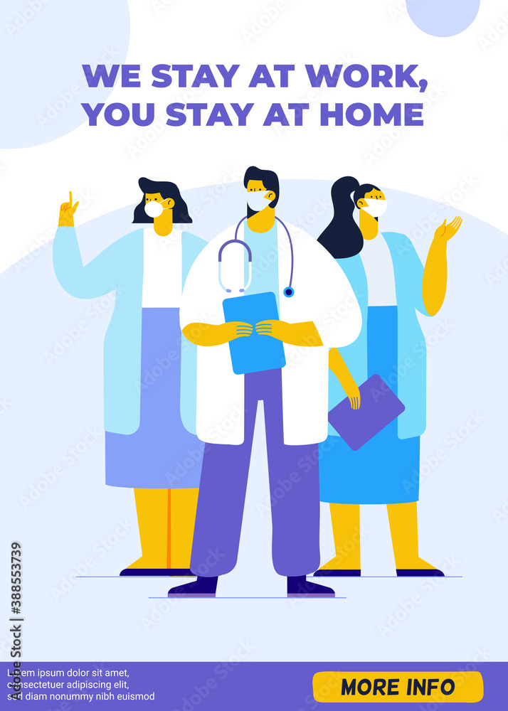 Banner with medical team in white face masks. COVID-19. Stay at home. Flat design characters.