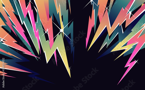 Retro- futuristic thunder shape with lighting effects - geometric composition design, tint vintage color palette nostalgic 80s VHS era inspiration background template design
