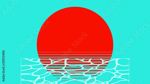 Retro minimal aesthetic sunset and beach wave ripples illustration background, bright two tone summer vibe flat design