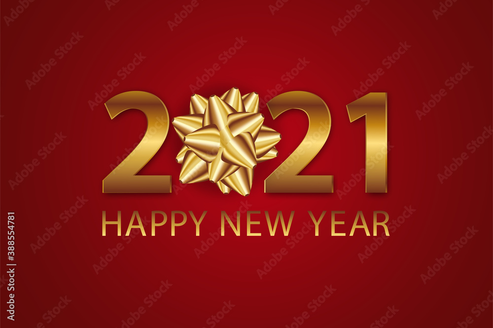 Greeting card Happy New Year 2021 with realistic gold bow.