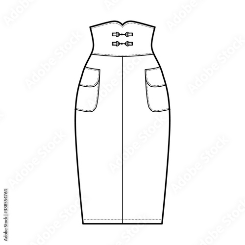 Skirt high waisted sheath technical fashion illustration with straight knee silhouette, pencil fullness, side pockets. Flat bottom template front, white color style. Women, men, unisex CAD mockup