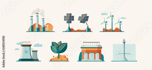 Alternative energy sources set. Geothermal, Solar, Wind, Nuclear,  Biomass power plant, Hydro, Wave-tidal stations. Sustainable, Renewable energy sources. Ecology friendly concept. Vector illustration