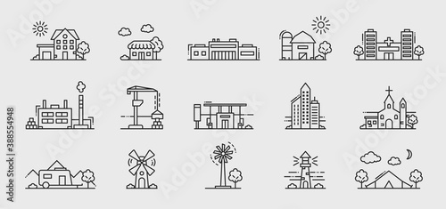 Buildings icons set. Factory, skyscrapers, farm barn, church, market, hospital, lighthouse, windmill, gas station. Architecture icons isolated on white background. Vector illustration