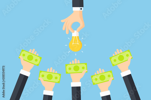 Selling an idea, crowdfunding concept vector flat illustration