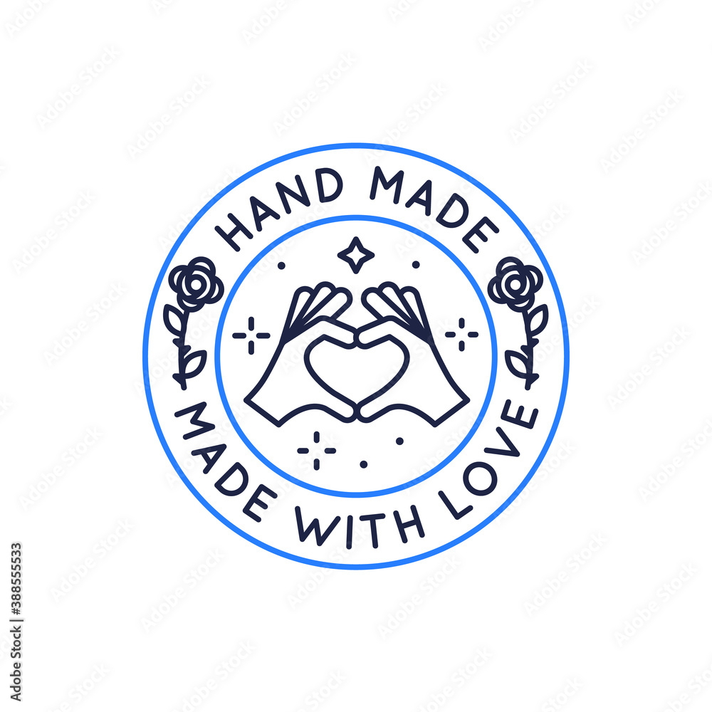Hand made label, emblem, sticker. Handmade trendy linear label design. Handcrafted emblem template for product packaging, social media, charity. Vector illustration