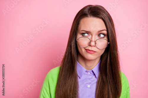 Fényképezés Close-up portrait of nice doubtful skeptic hesitant long-haired girl looking asi