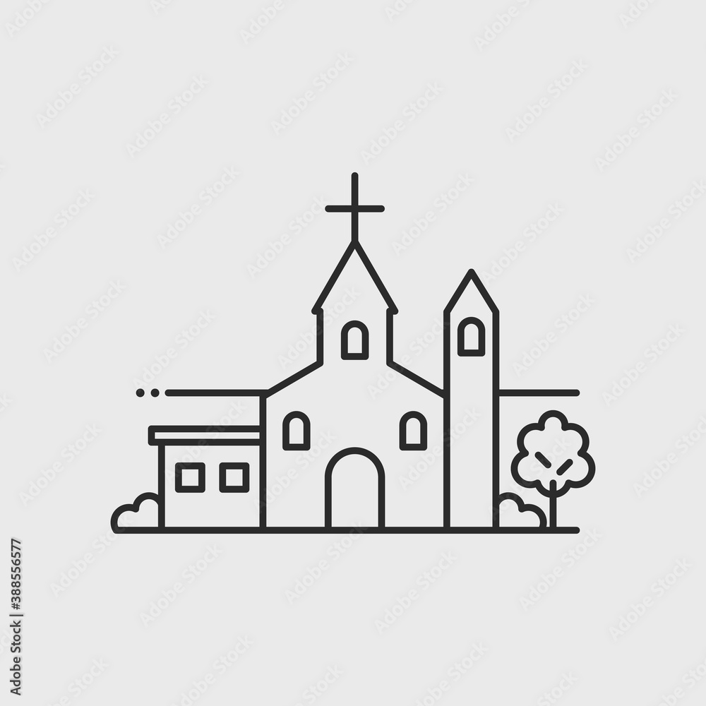 Church icon. Church building isolated on white background. Design element for logo, label, badge. Vector illustration.