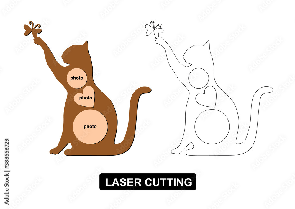 Silhouette of cat with a butterfly with space for photos. laser cutting template. vector illustration. Silhouette for three photos isolated on white. Side view. Template design for wood or metal. Silhouette of cat with a butterfly with space for photos. laser cutting template. vector illustration. Silhouette for three photos isolated on white. Side view. Template design for wood or metal.