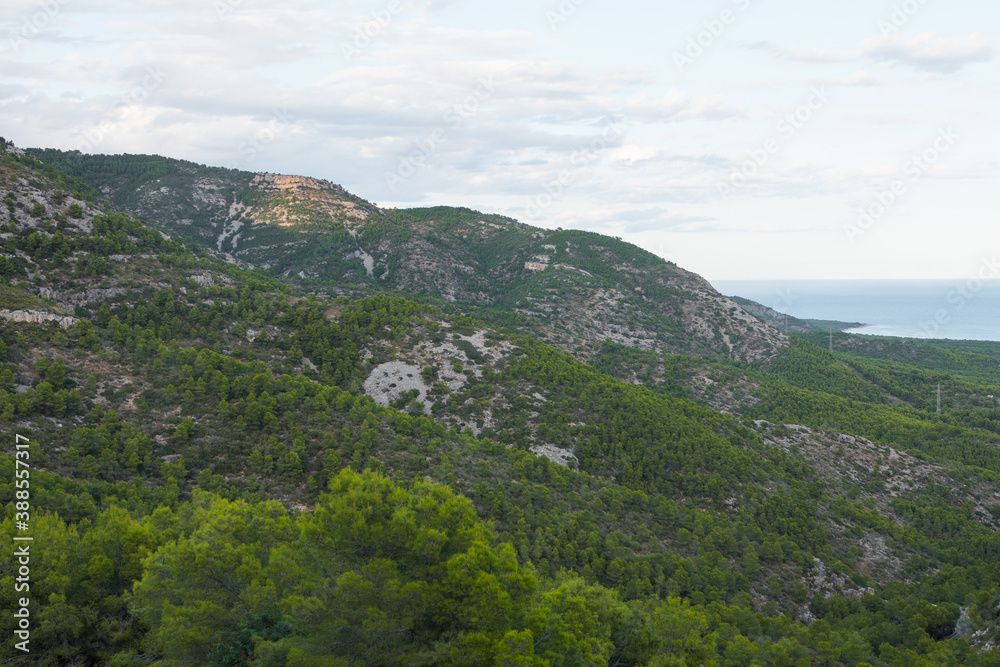 Serra d'Irta natural park, Costa del Azahar, Spain. Beautiful protected area, contrasted by mountains, pine tree forest and the mediterranean sea. Located between Alcossebre and Peniscola. Peaceful.