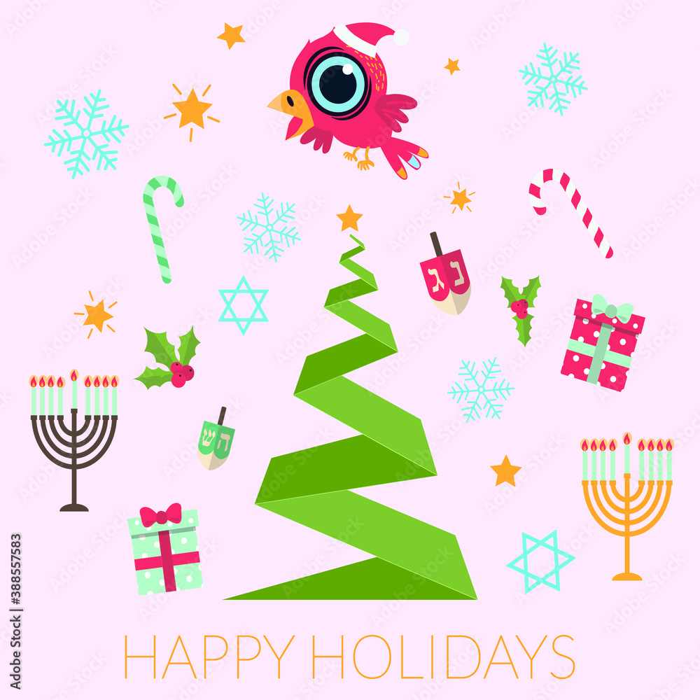 Vector Happy Holidays Greeting card for Christmas and Hanukkah.