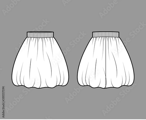 Skirt balloon technical fashion illustration with knee silhouette, semi-circular fullness, thick stretch waistband. Flat bottom template front, back, white color style. Women, men, unisex CAD mockup