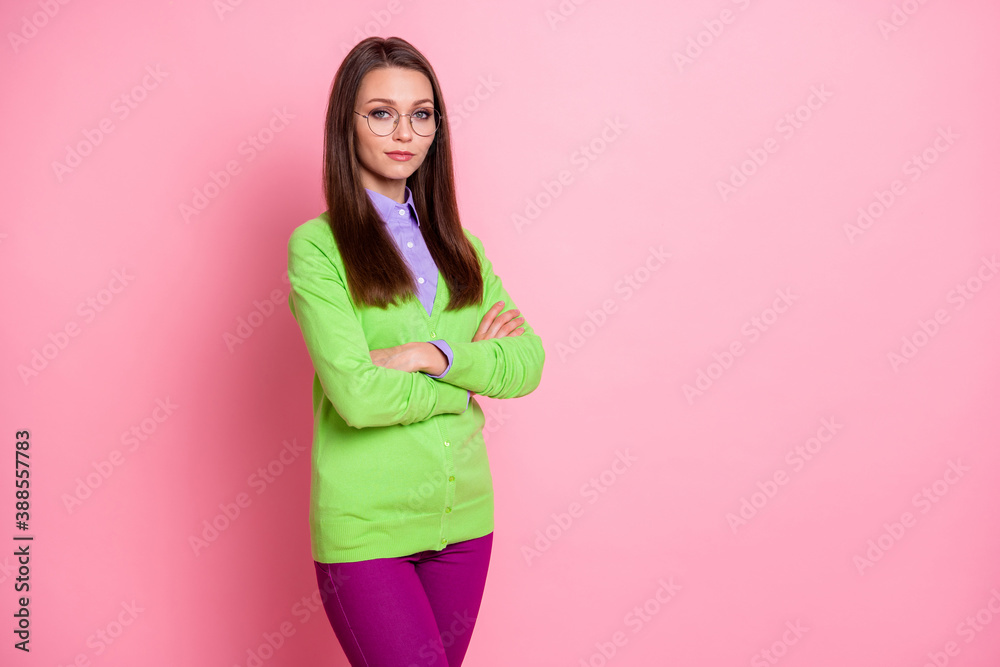 Portrait of nice attractive content intelligent girl teacher lecturer folded arms isolated over pink pastel color background Portrait of nice attractive content intelligent girl teacher lecturer folded arms isolated over pink pastel color background