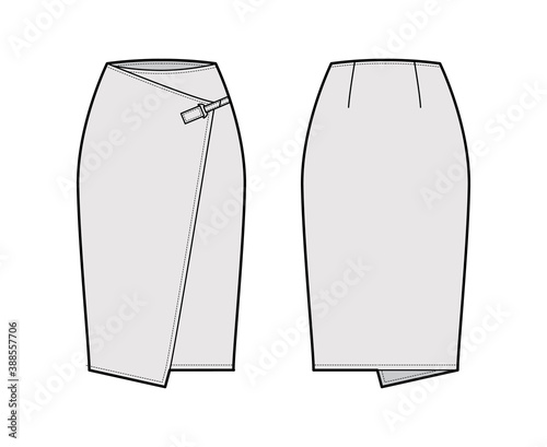 Skirt wrap technical fashion illustration with straight knee silhouette, pencil fullness, close with carabiner connector. Flat bottom template front back grey color style. Women men, unisex CAD mockup