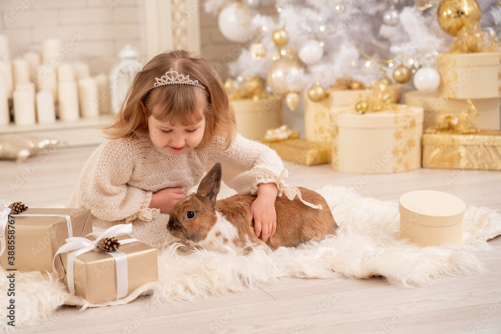 little girl in a tiara dress sitting near a Christmas tree petting a rabbit little girl in a tiara dress sitting near a Christmas tree petting a rabbit