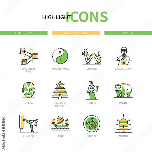 Ancient China - modern line design style icons set