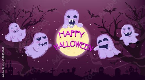 Happy Halloween background with scary, Witch, Pumpkins, ghost and Bats.