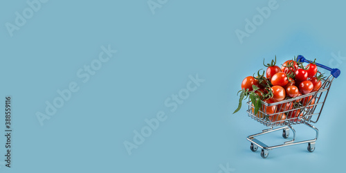 Принти на полотні juicy tomatoes in shopping cart on blue paper background