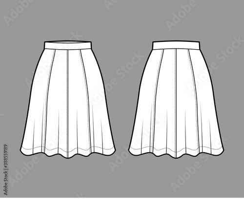 Skirt eight gore technical fashion illustration with below-the-knee silhouette, semi-circular fullness. Flat bottom template front, back, white color style. Women, men, unisex CAD mockup