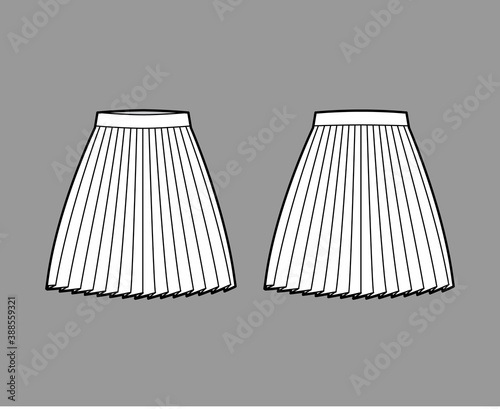 Skirt pleat technical fashion illustration with above-the-knee silhouette, circular fullness, thick waistband. Flat bottom template front, back, white color style. Women, men, unisex CAD mockup