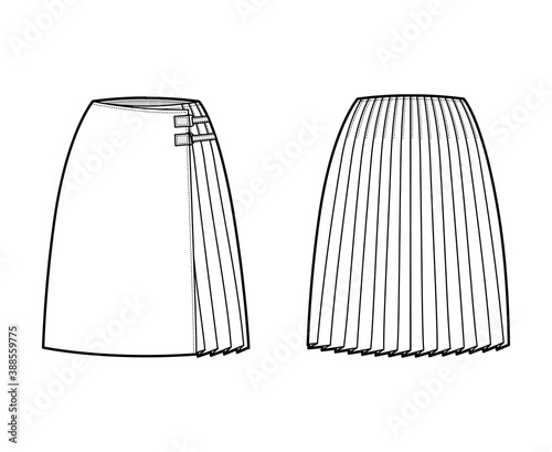 Skirt kilt wrap technical fashion illustration with straight knee silhouette, close with carabiner connector. Flat bottom template front, back, white color style. Women, men, unisex CAD mockup