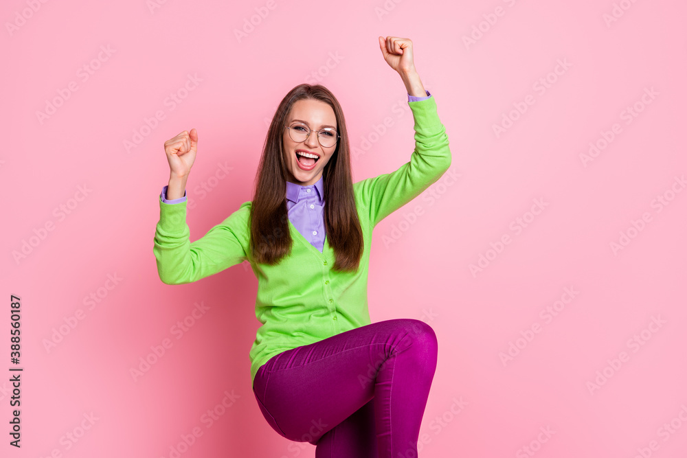 Portrait of ecstatic girl win raise fists scream isolated over pastel color background