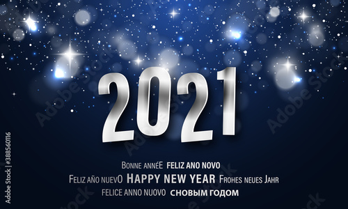 Happy New Year greeting card in different languages. PF 2021.
