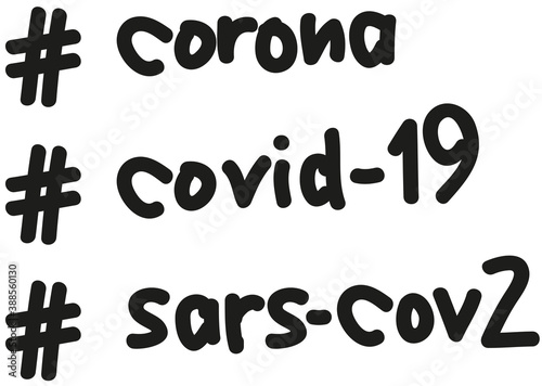 #corona, #covid-19, #sars-cov2, Wörter in Druckschrift und hashtag, vektor, isoliert