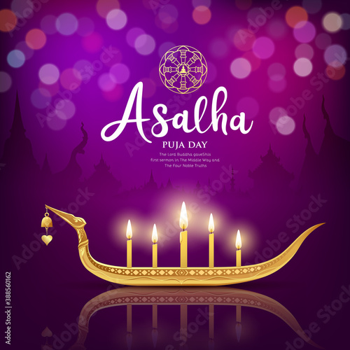 Asalha Puja Day Worship candle, Important Buddhist Day in Thailand on purple bokeh background, Eps 10 vector illustration
