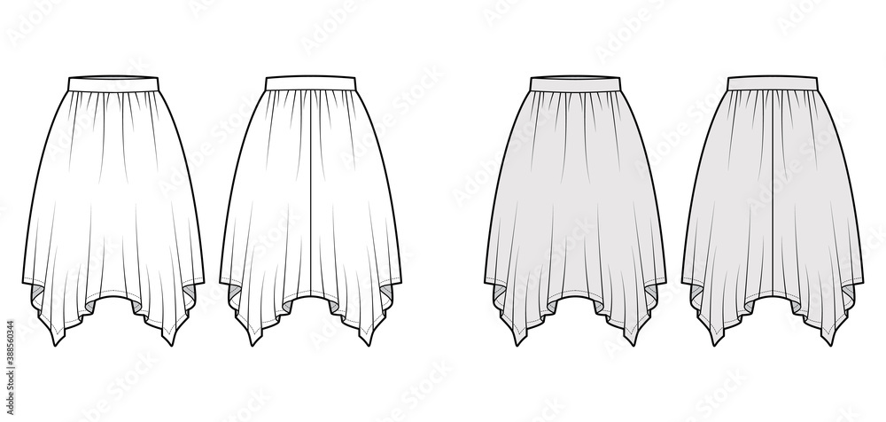 Skirt handkerchief technical fashion illustration with circular knee silhouette, pencil fullness, thin waistband. Flat bottom template front, back white grey color style. Women, men, unisex CAD mockup Skirt handkerchief technical fashion illustration with circular knee silhouette, pencil fullness, thin waistband. Flat bottom template front, back white grey color style. Women, men, unisex CAD mockup