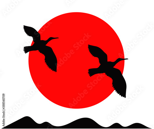 A flock of flying black birds and the sun. Cartoon. Vector illustration.