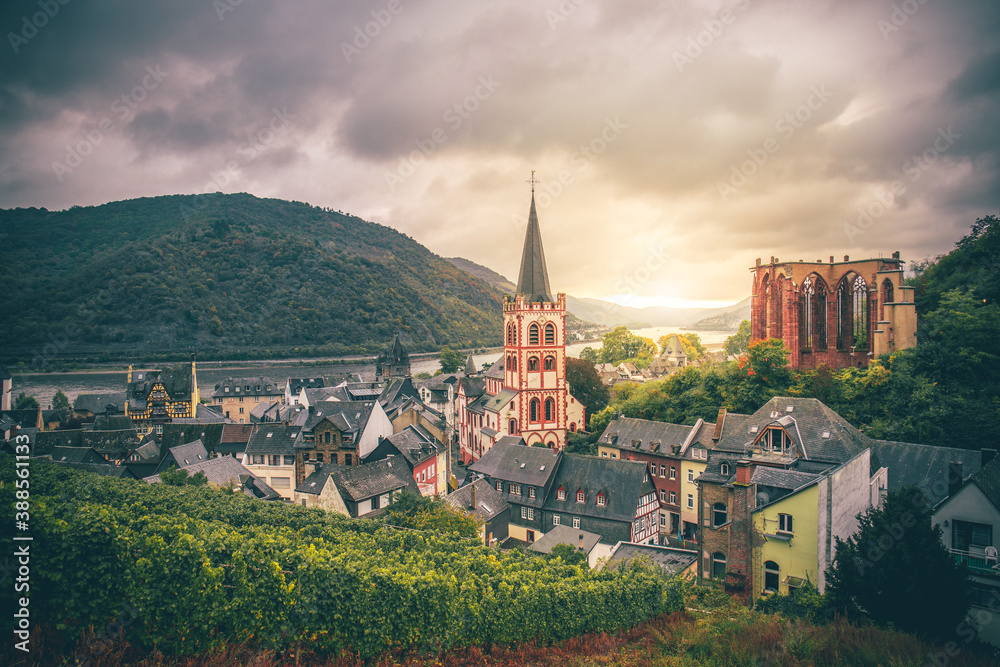 Germany Bacharach am Rhein. Beautiful historic village with an old church and half-timbered houses. Everything was taken from a vantage point with a view of the city and the river rhine