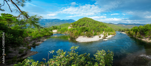 Koprucay or koprulu river valley with Taurus mountains and rocks, Turkey. Famous by its rafting spots. Stream rapids at the foreground