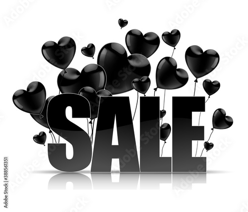 Black SALE word with  black glossy  balloons in the shape of a heart on the white background.