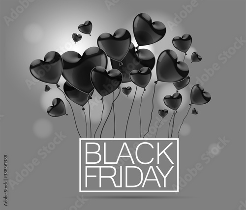 Black Friday ads with black flying realistic glossy balloons  on a grey background. Vector  illustration.