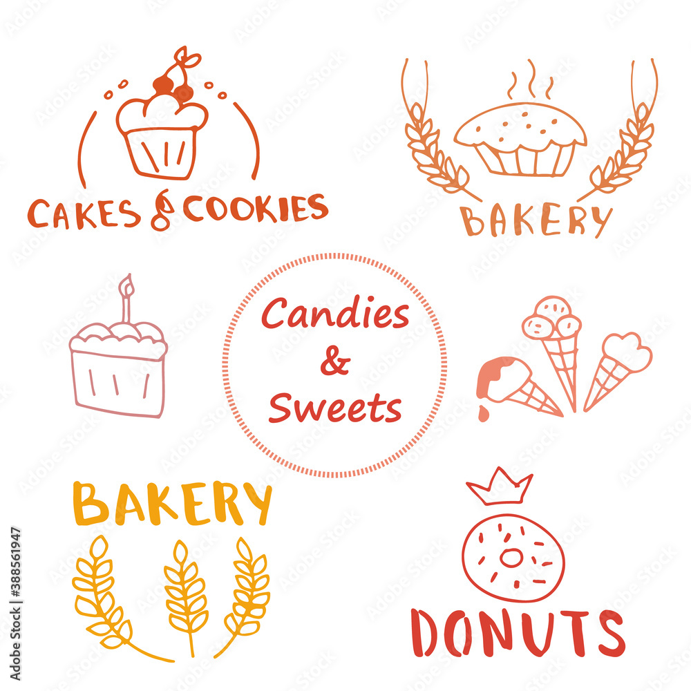 Naklejka premium Vector set and illustrations of bakery, cakes, candies and ice cream. hand drawn logos collection
