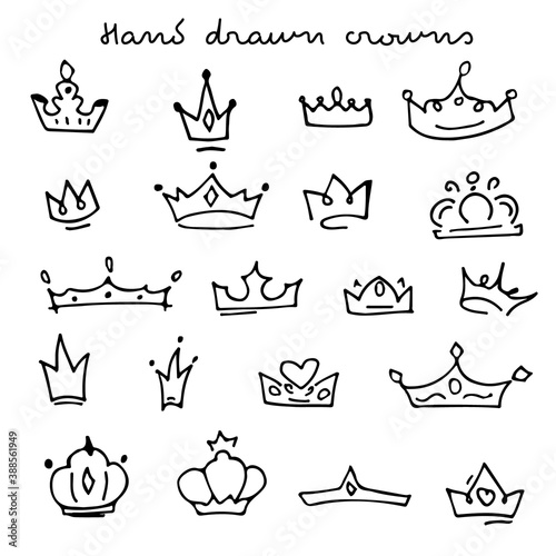 Vector hand drawn set of crowns. Doodles. Outlined crowns collection.
