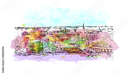 Building view with landmark of Cambridge is a city on the River Cam in eastern England. Watercolor splash with hand drawn sketch illustration in vector.